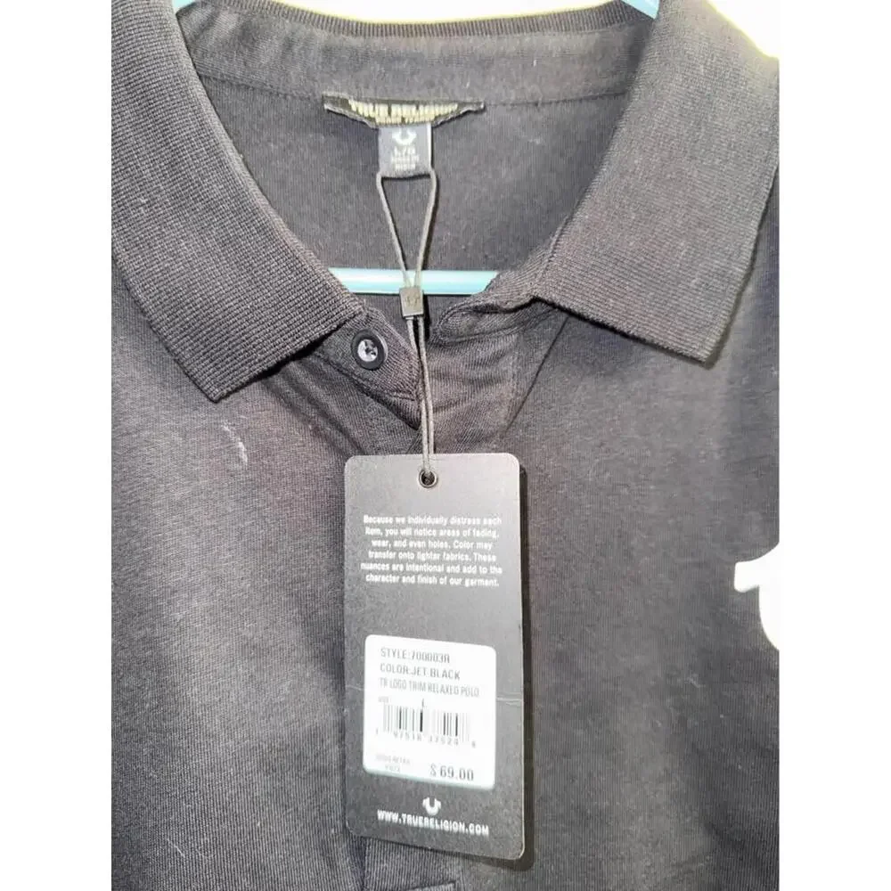 True Religion Black TR‎ Logo Trim Relaxed Polo Shirt Large New with Tags